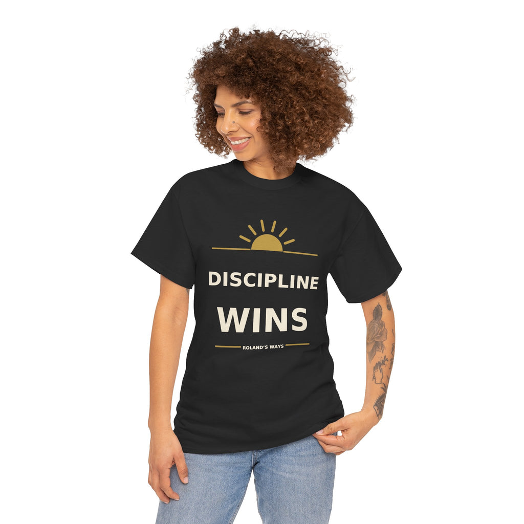 Front view of a model wearing the black Discipline Wins T-shirt with blue jeans.