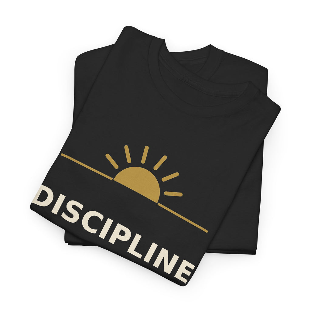Folded black Discipline Wins T-shirt showing the gold sunrise and cream lettering.