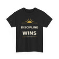 Front view of Roland’s Ways black Discipline Wins T-shirt with cream lettering and a gold sunrise.
