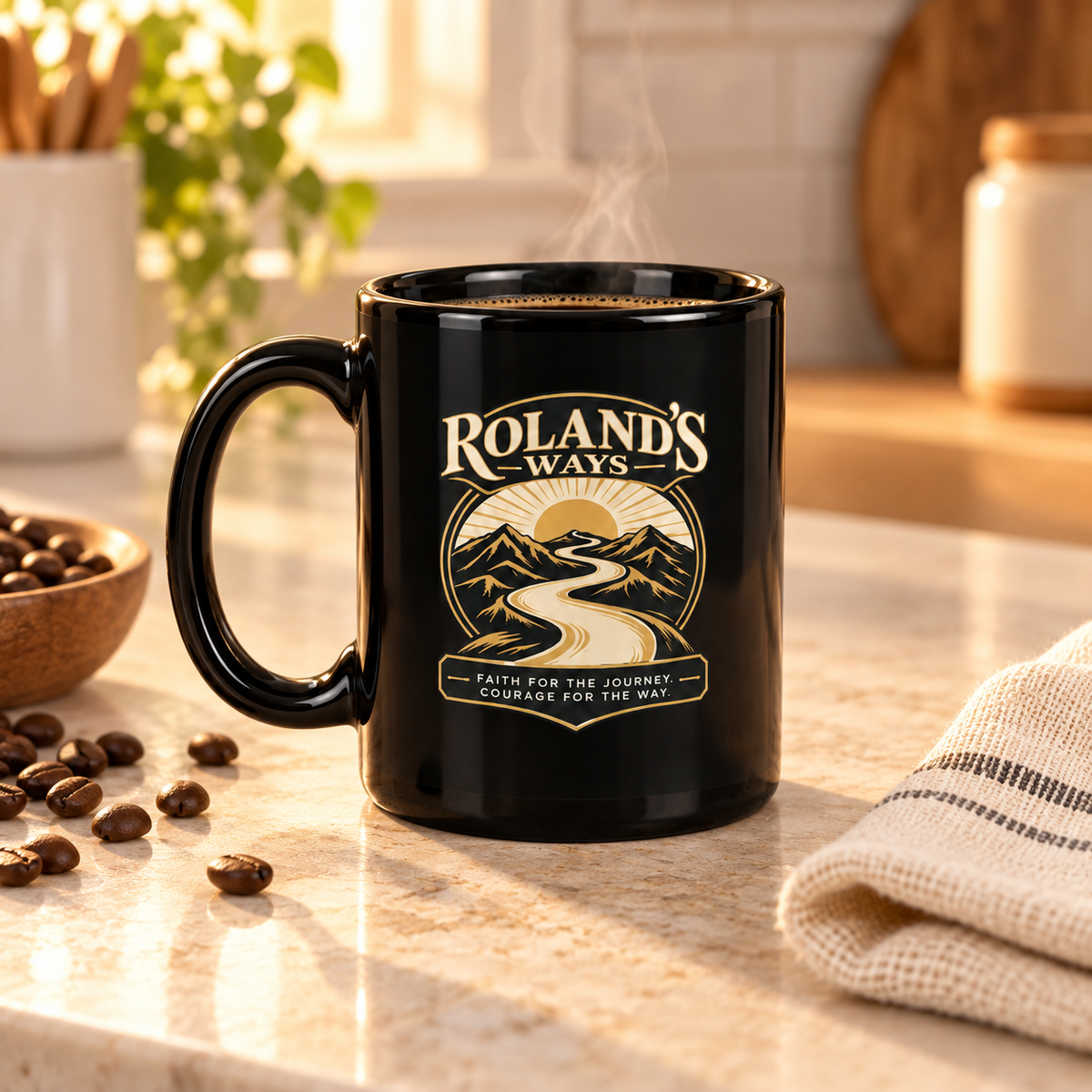 Roland’s Ways black and gold Faith for the Journey mug