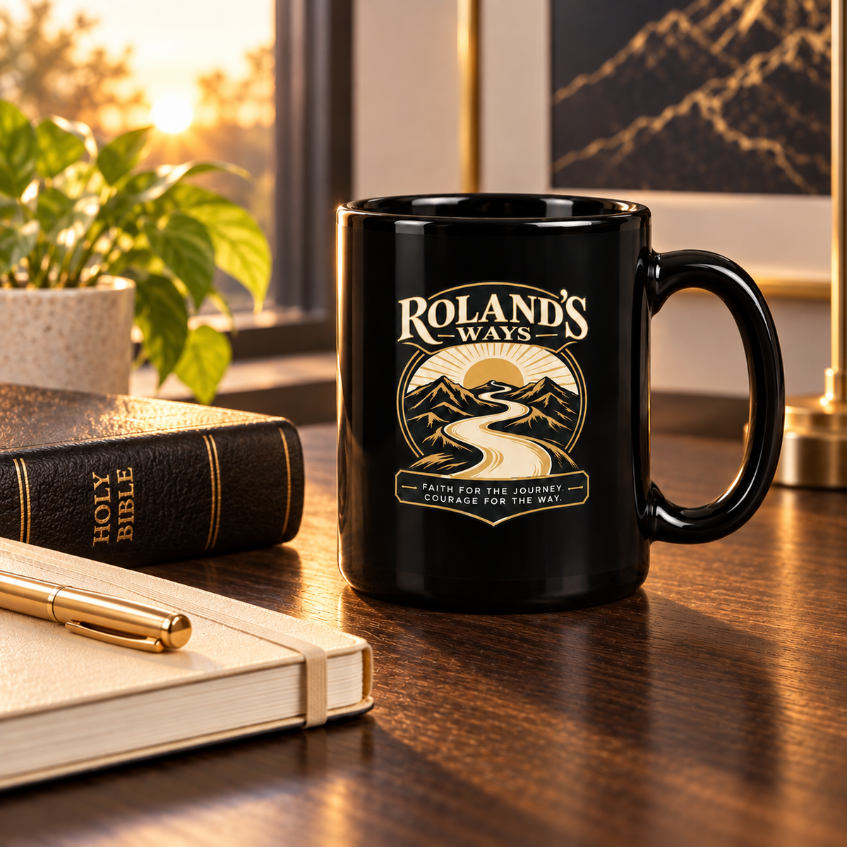 Faith for the Journey Black Glossy Mug styled product view