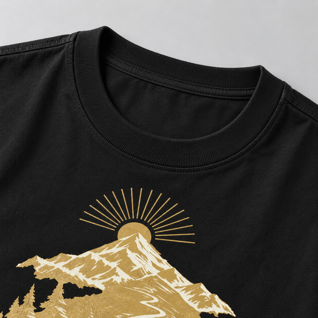 AI close-up mockup of the collar and upper print on the black Faith Fuels the Journey T-shirt with gold and ivory mountain artwork.