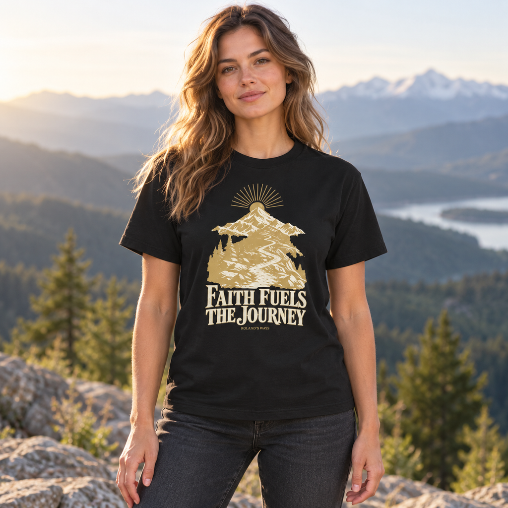 AI mountain lifestyle mockup of a woman wearing the black Faith Fuels the Journey T-shirt with gold and ivory mountain artwork.