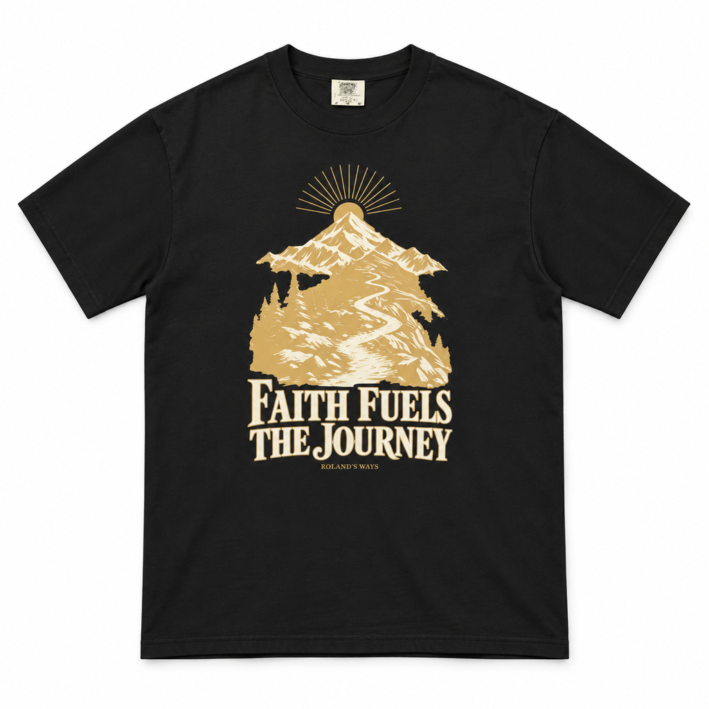 AI full front mockup of the black Faith Fuels the Journey T-shirt with gold and ivory mountain artwork.