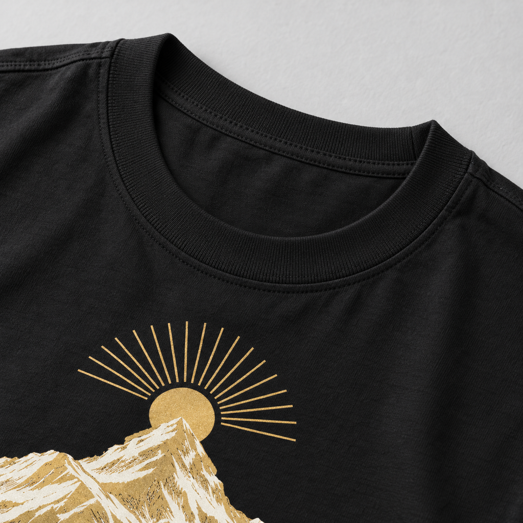 AI close-up mockup of the collar and upper print on the black Discipline Builds Freedom T-shirt with gold and ivory mountain artwork.