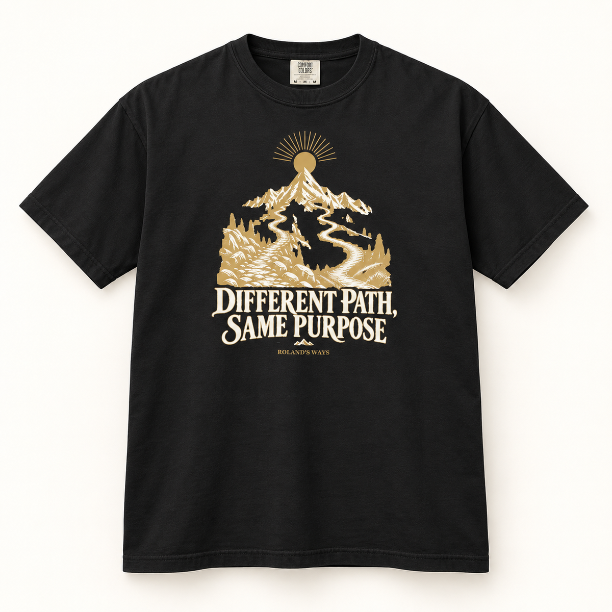 AI full front mockup of the black Different Path, Same Purpose T-shirt with gold and ivory mountain artwork.