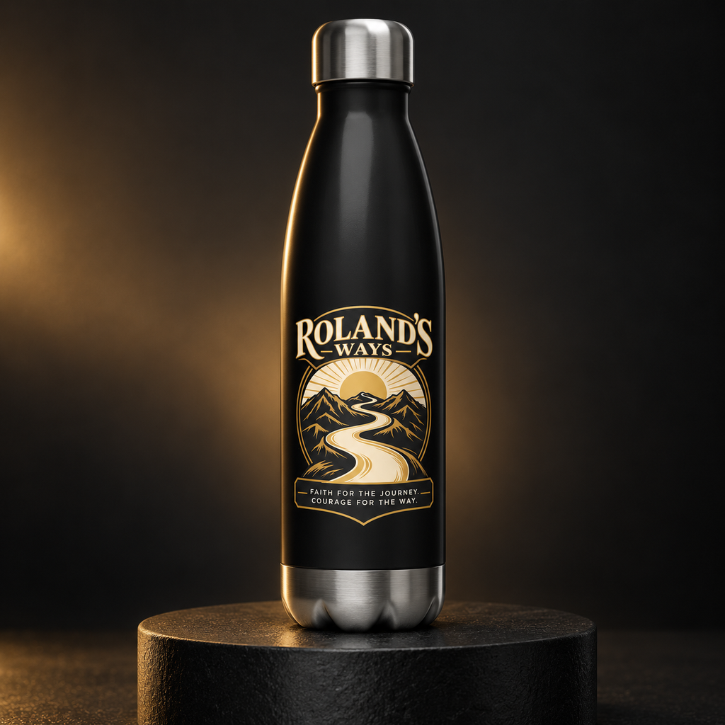 Roland’s Ways black and gold water bottle styled product image