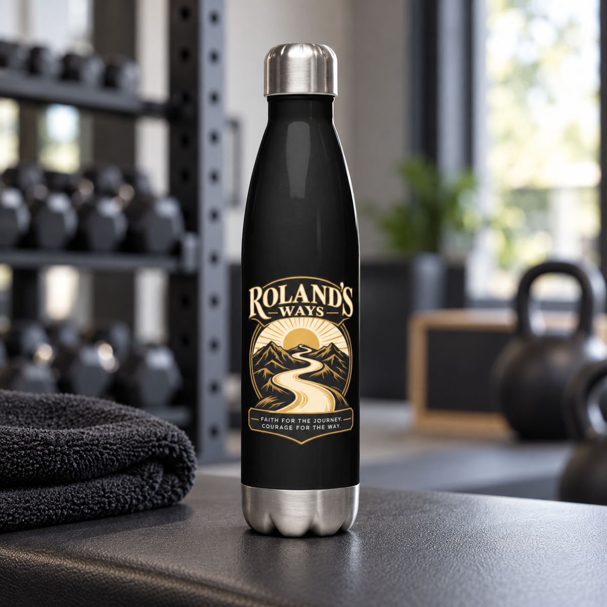 Black and gold Roland’s Ways stainless steel water bottle