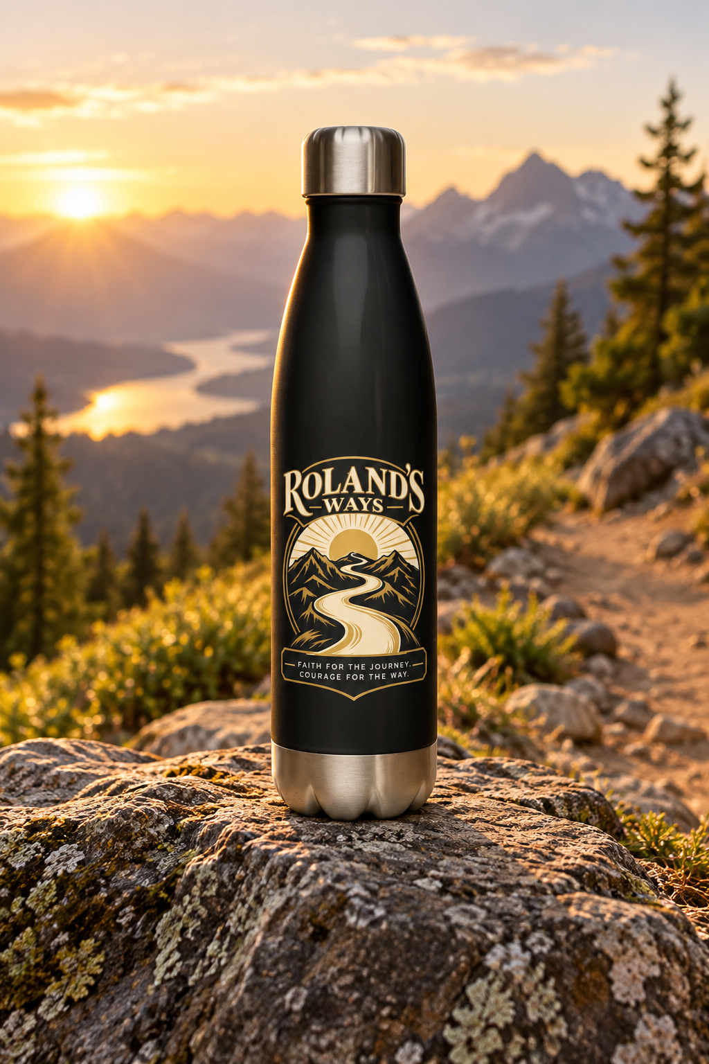 Roland’s Ways black water bottle with gold journey design