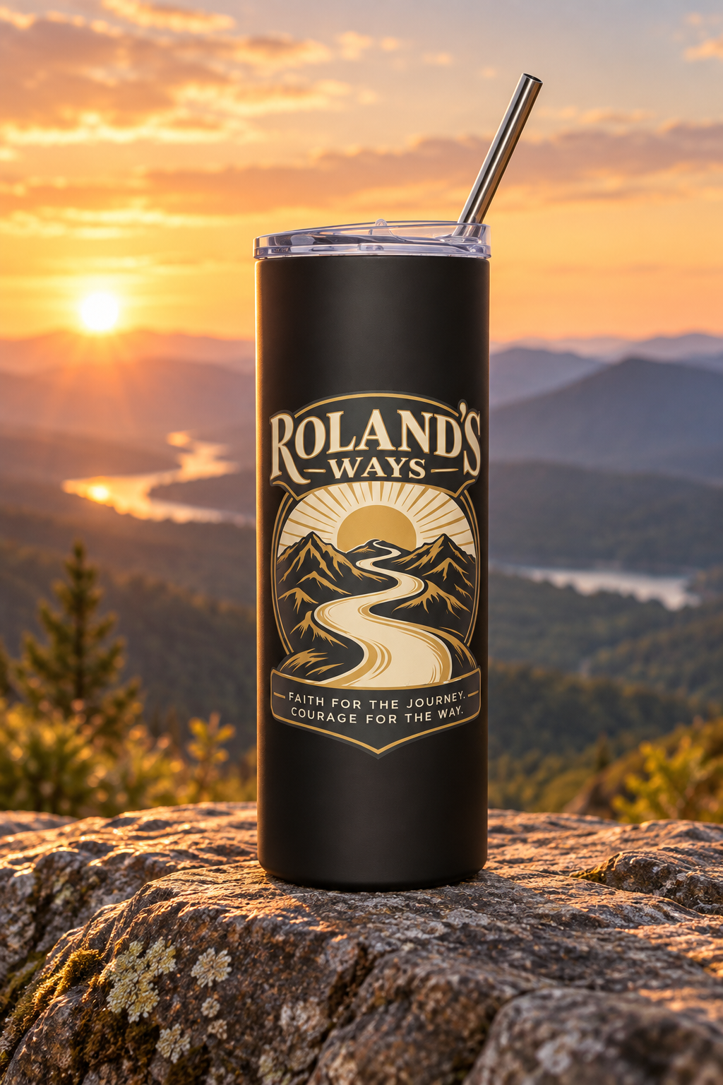 Roland’s Ways black tumbler with gold journey design