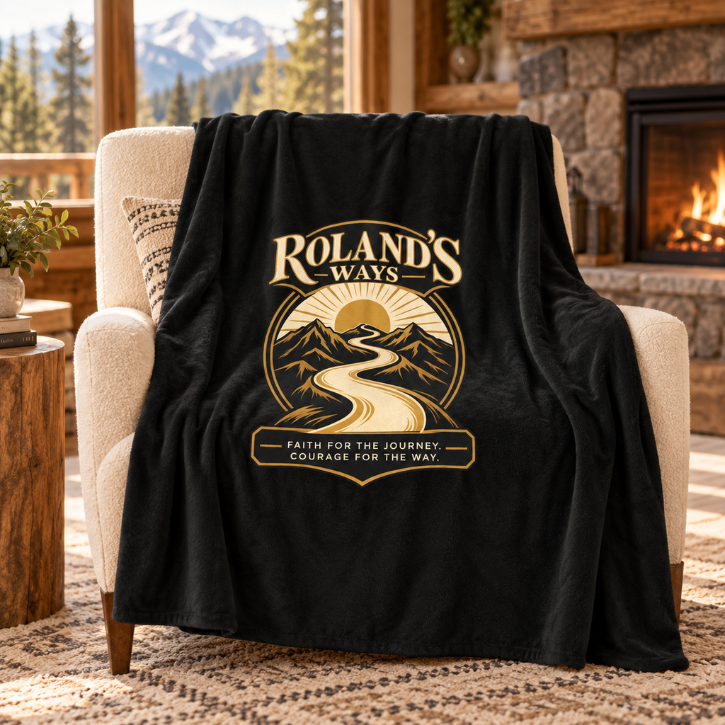 Black Faith for the Journey blanket with gold mountain-road emblem