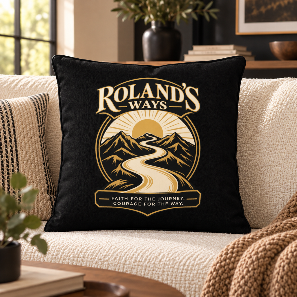 Black and gold Faith for the Journey pillow lifestyle view