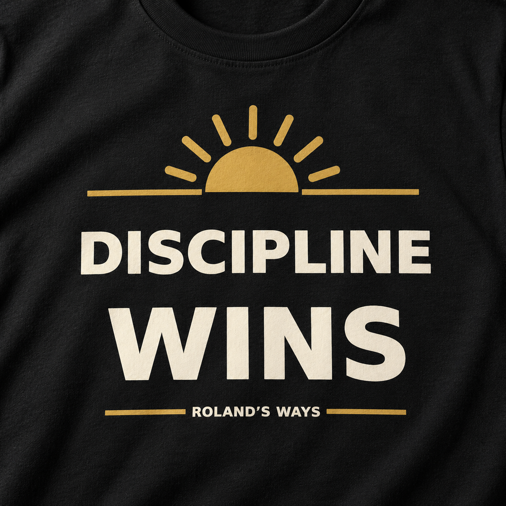 Close-up of the Discipline Wins cream lettering, gold sunrise, and Roland’s Ways signature on black fabric.
