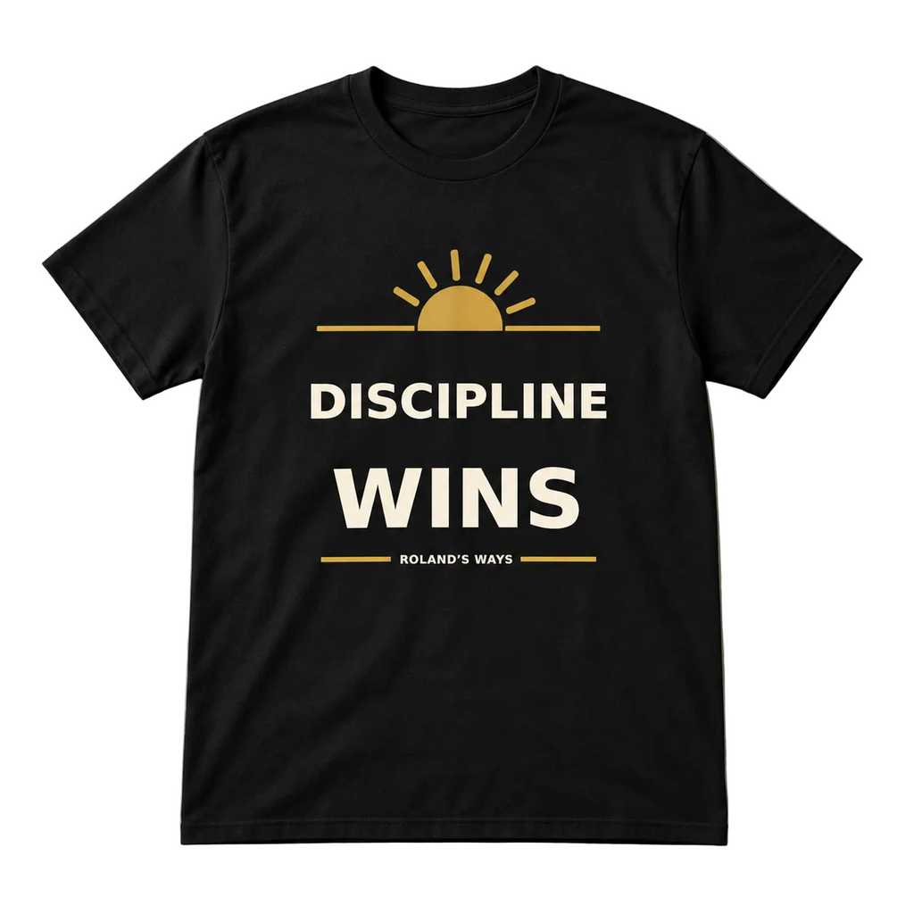 Black Discipline Wins T-shirt laid flat, showing the gold sunrise and Roland’s Ways signature.
