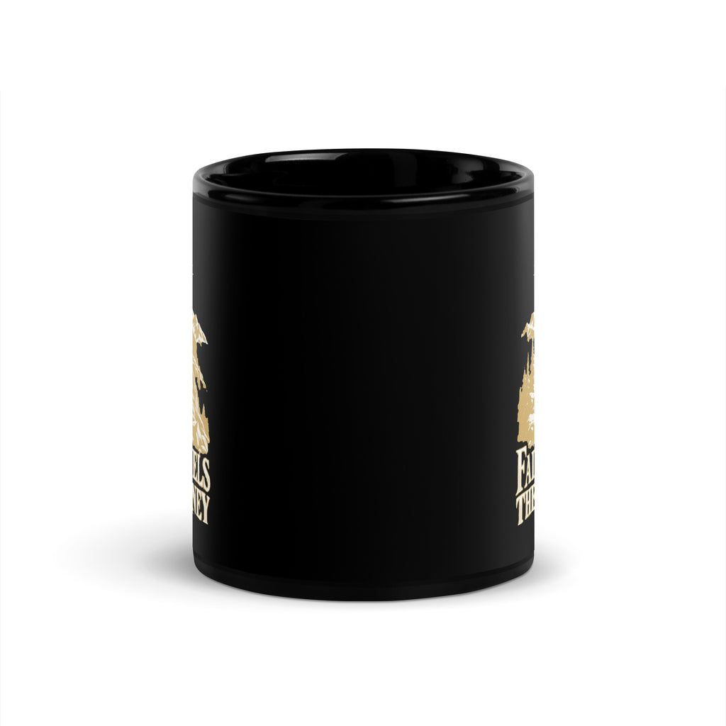 Faith Fuels the Journey Black Glossy Mug in black, front view with gold and ivory Journey artwork.