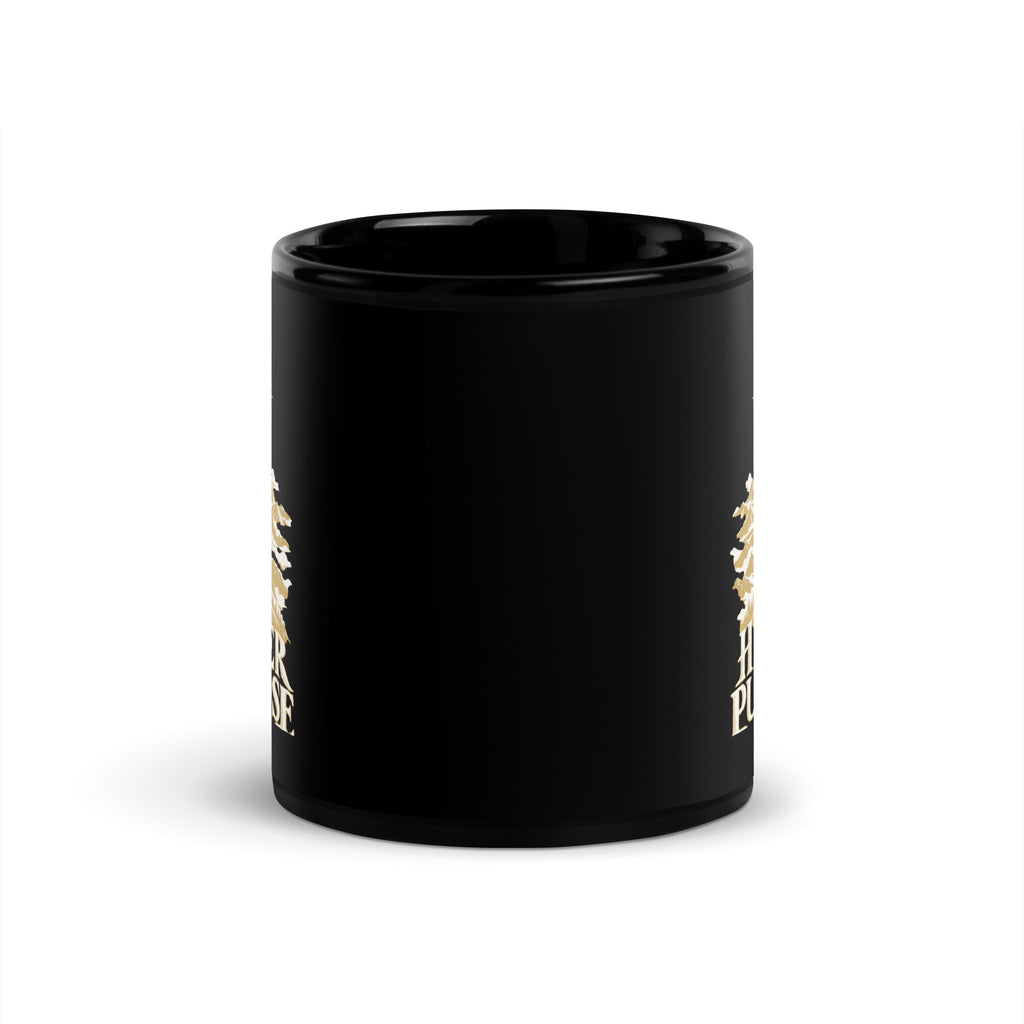 Higher Purpose Black Glossy Mug in black, front view with gold and ivory Journey artwork.
