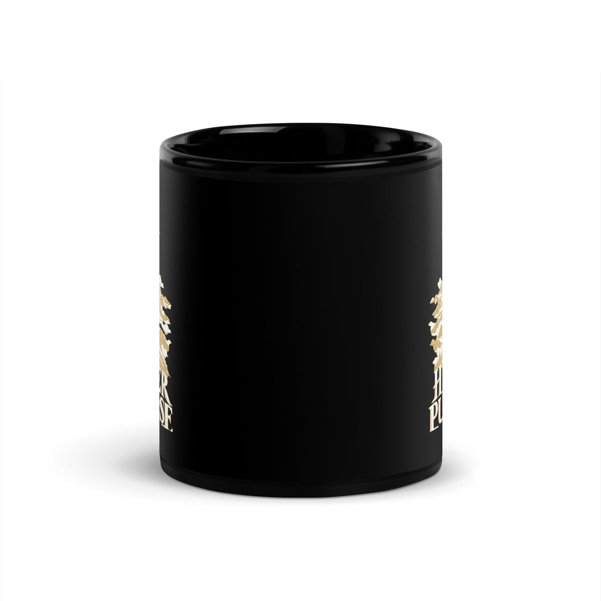 Higher Purpose Black Glossy Mug in black, front view with gold and ivory Journey artwork.