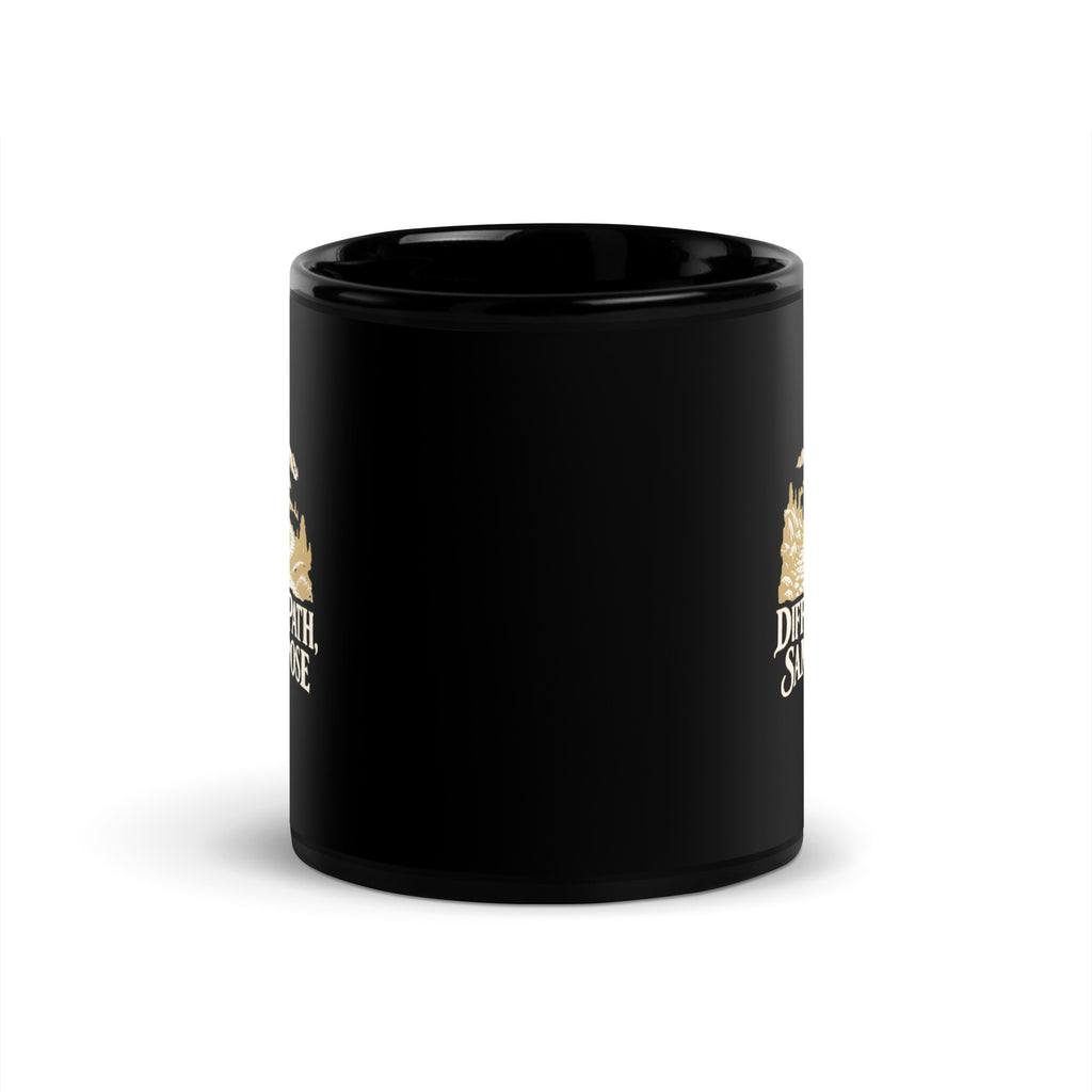 Different Path, Same Purpose Black Glossy Mug in black, front view with gold and ivory Journey artwork.