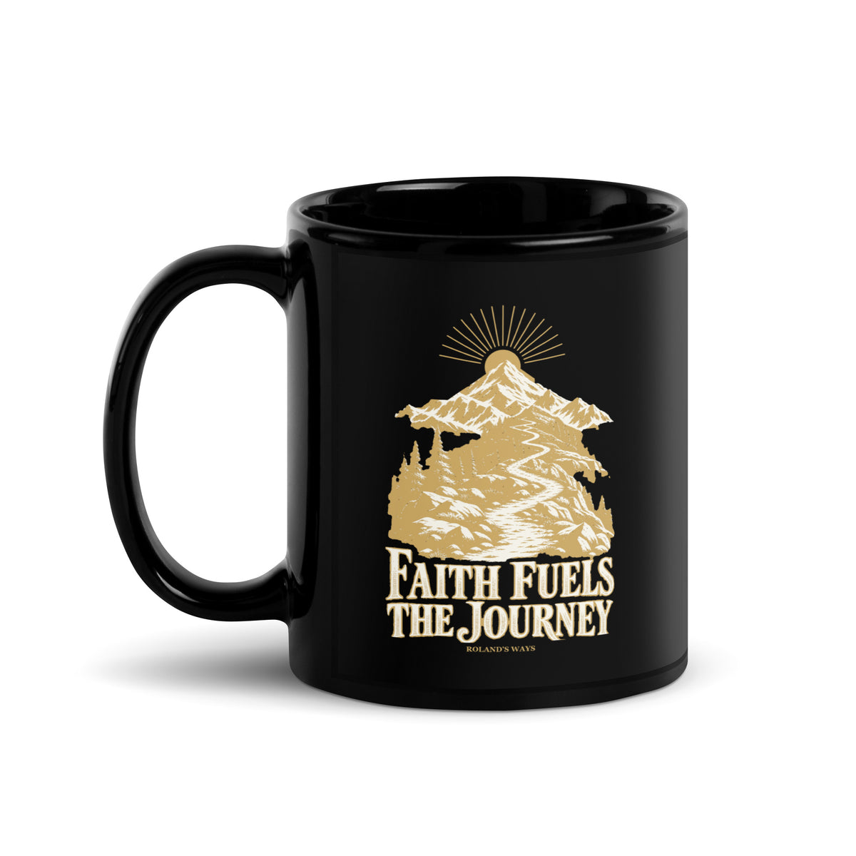 Faith Fuels the Journey Black Glossy Mug in black, with handle on the left with gold and ivory Journey artwork.