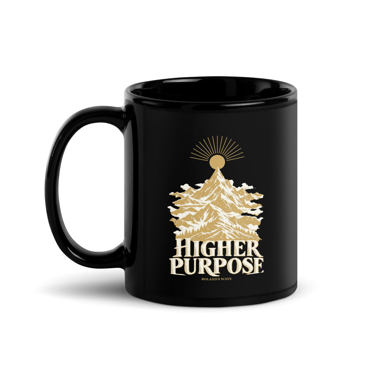 Higher Purpose Black Glossy Mug in black, with handle on the left with gold and ivory Journey artwork.