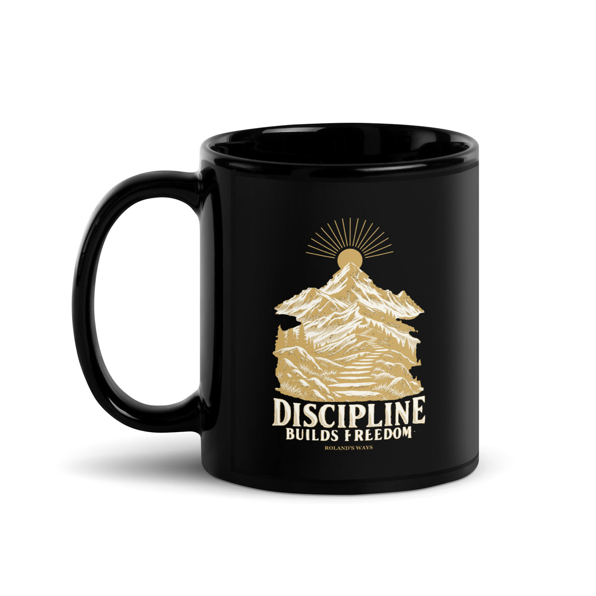 Discipline Builds Freedom Black Glossy Mug in black, with handle on the left with gold and ivory Journey artwork.