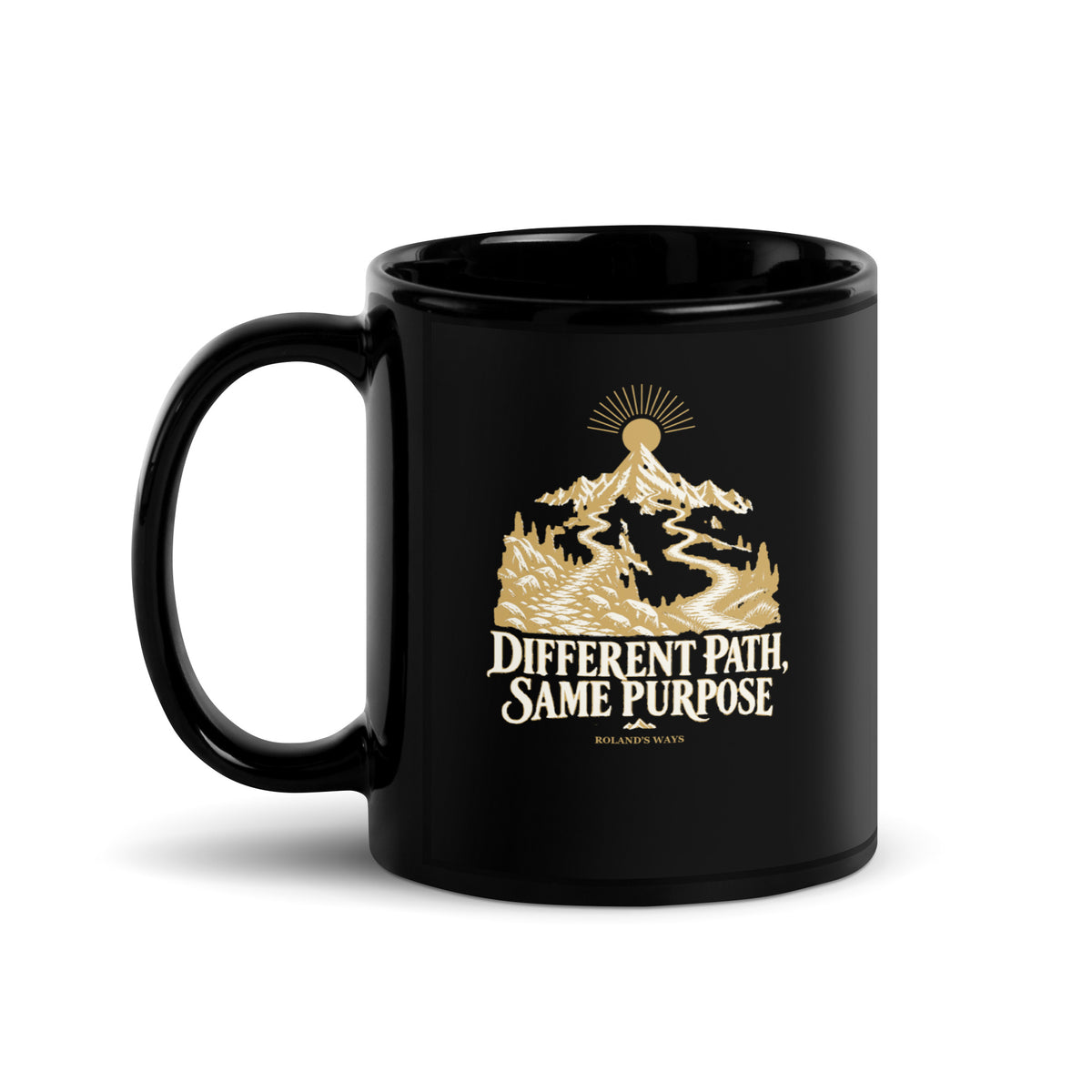 Different Path, Same Purpose Black Glossy Mug in black, with handle on the left with gold and ivory Journey artwork.