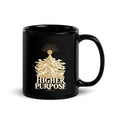 Higher Purpose Black Glossy Mug in black, with handle on the right with gold and ivory Journey artwork.