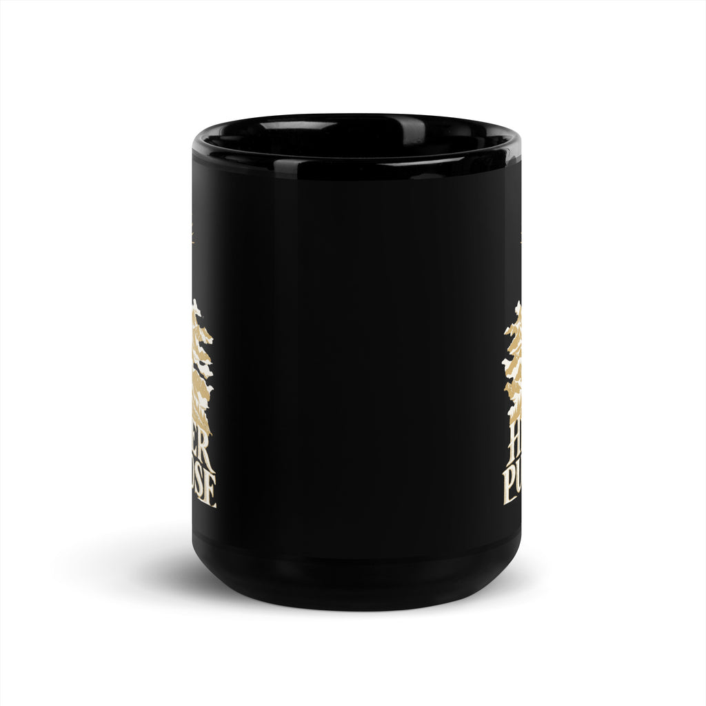 Higher Purpose Black Glossy Mug in black, front view with gold and ivory Journey artwork.