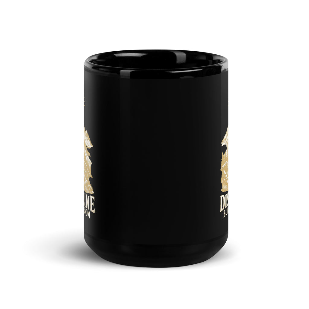 Discipline Builds Freedom Black Glossy Mug in black, front view with gold and ivory Journey artwork.