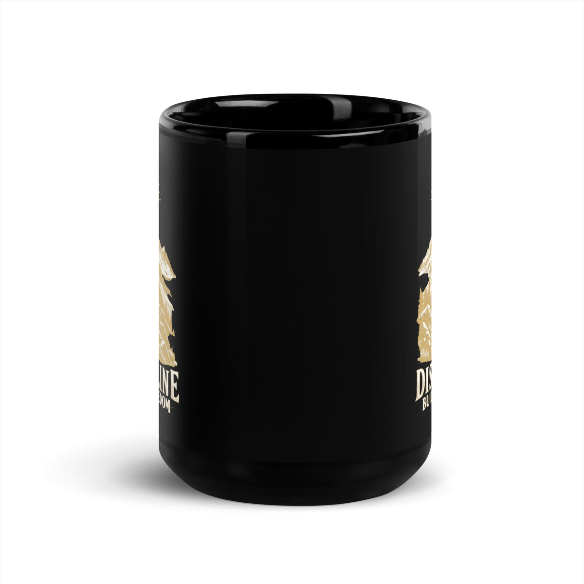 Discipline Builds Freedom Black Glossy Mug in black, front view with gold and ivory Journey artwork.