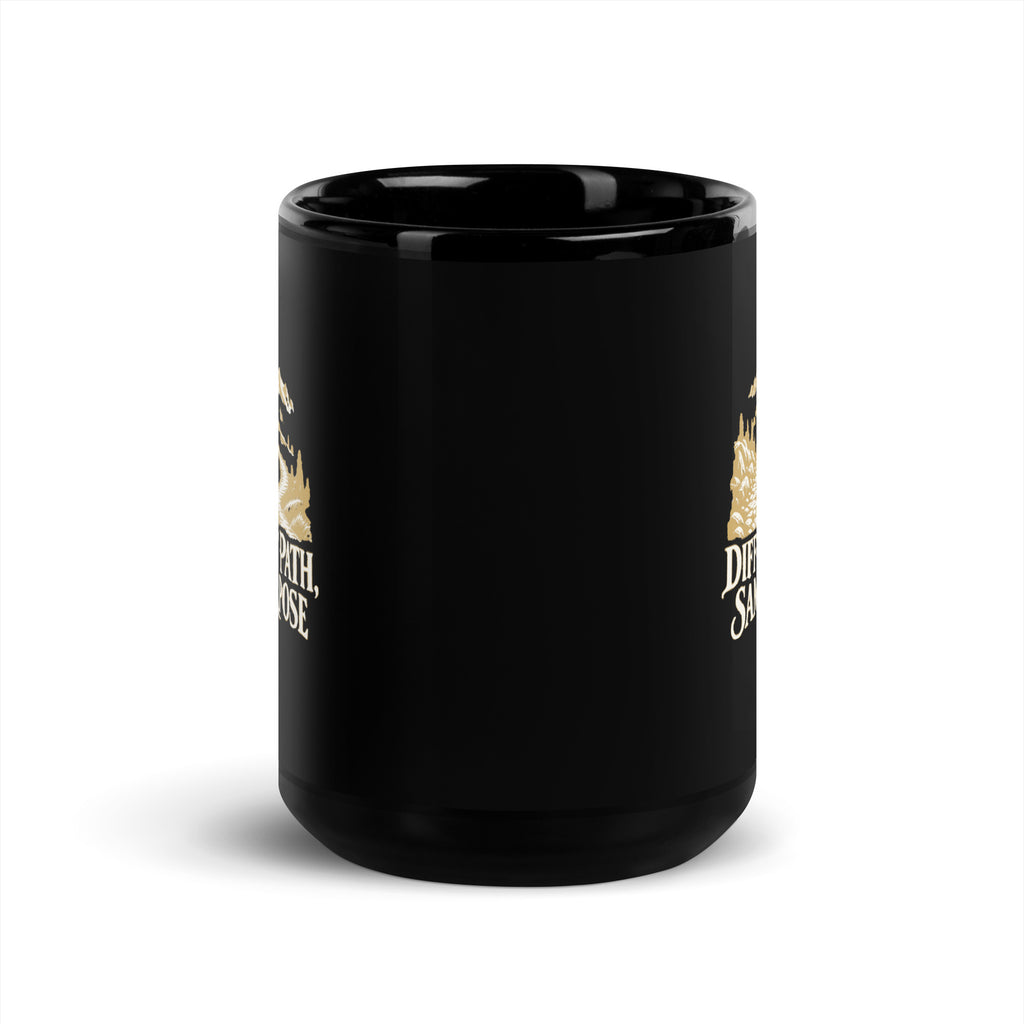 Different Path, Same Purpose Black Glossy Mug in black, front view with gold and ivory Journey artwork.