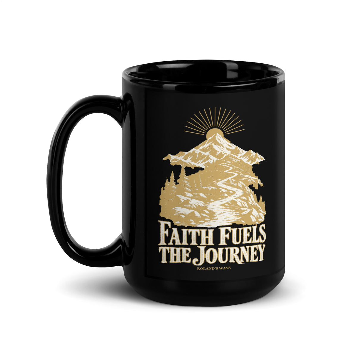 Faith Fuels the Journey Black Glossy Mug in black, with handle on the left with gold and ivory Journey artwork.
