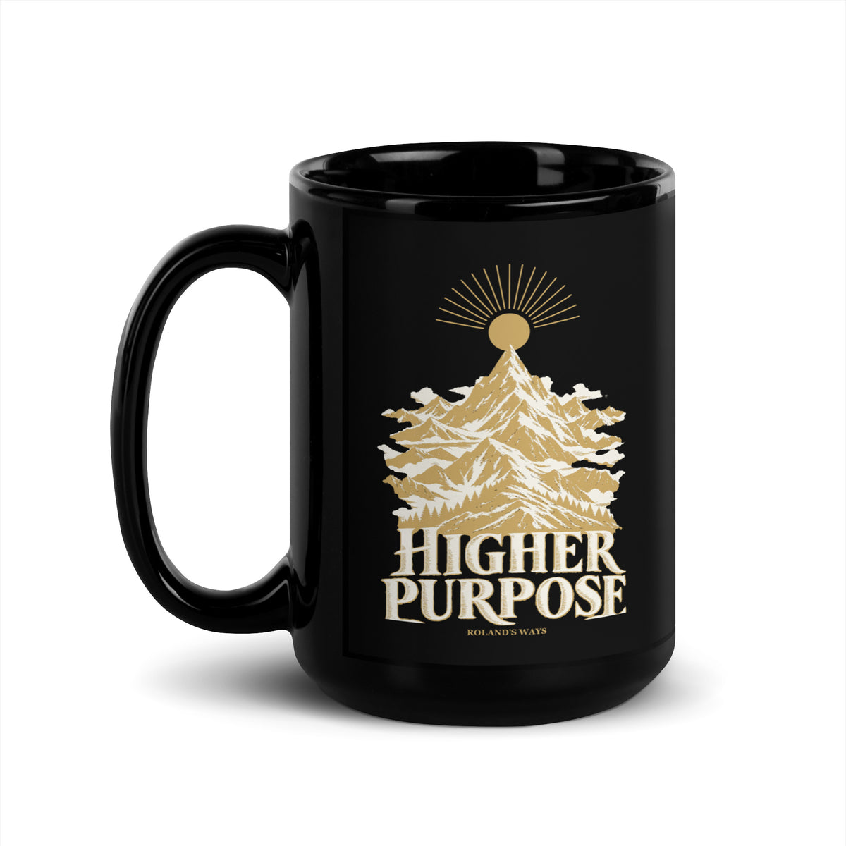 Higher Purpose Black Glossy Mug in black, with handle on the left with gold and ivory Journey artwork.