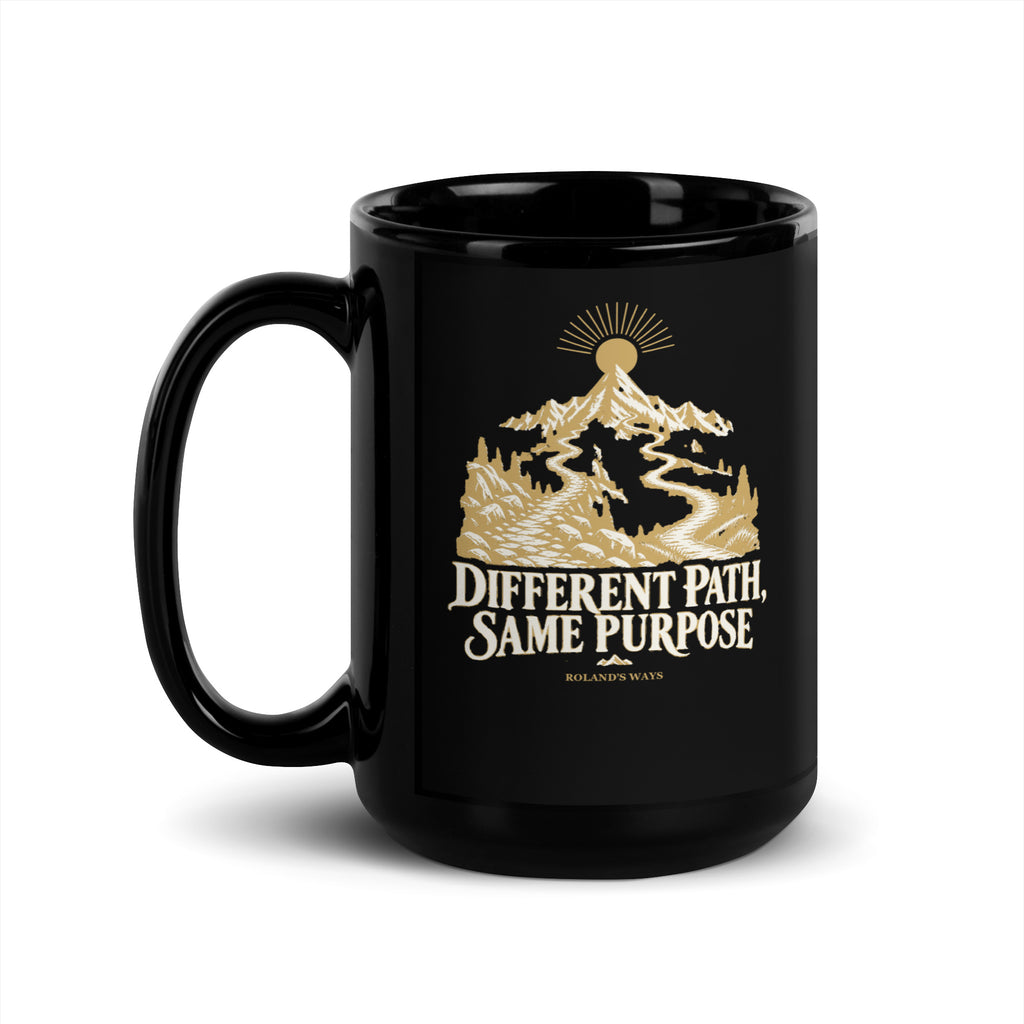 Different Path, Same Purpose Black Glossy Mug in black, with handle on the left with gold and ivory Journey artwork.