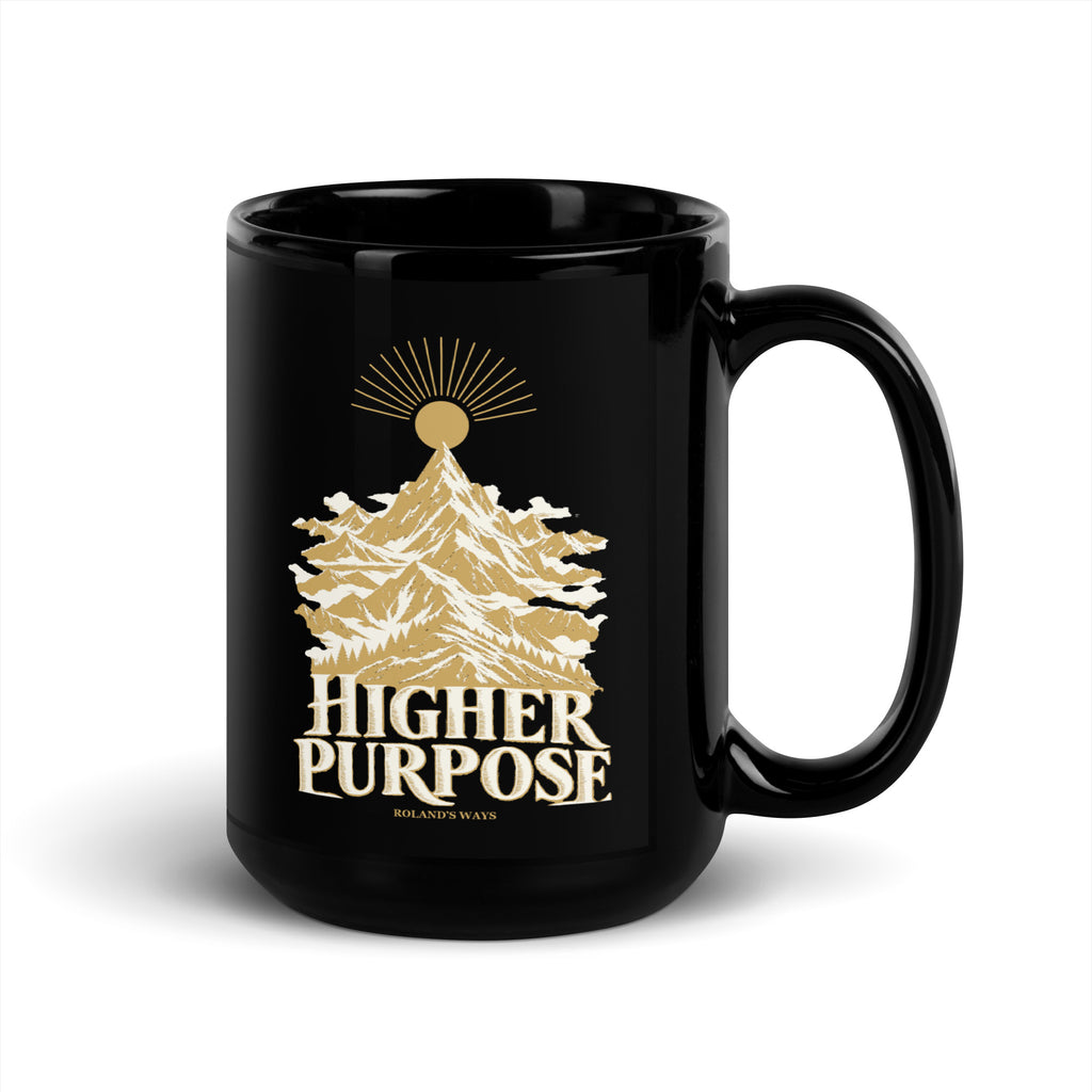Higher Purpose Black Glossy Mug in black, with handle on the right with gold and ivory Journey artwork.