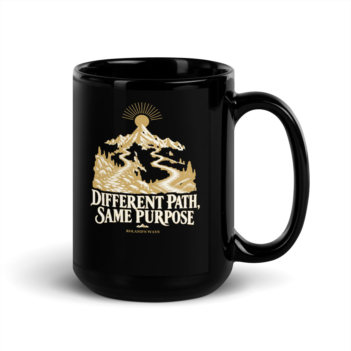 Different Path, Same Purpose Black Glossy Mug in black, with handle on the right with gold and ivory Journey artwork.