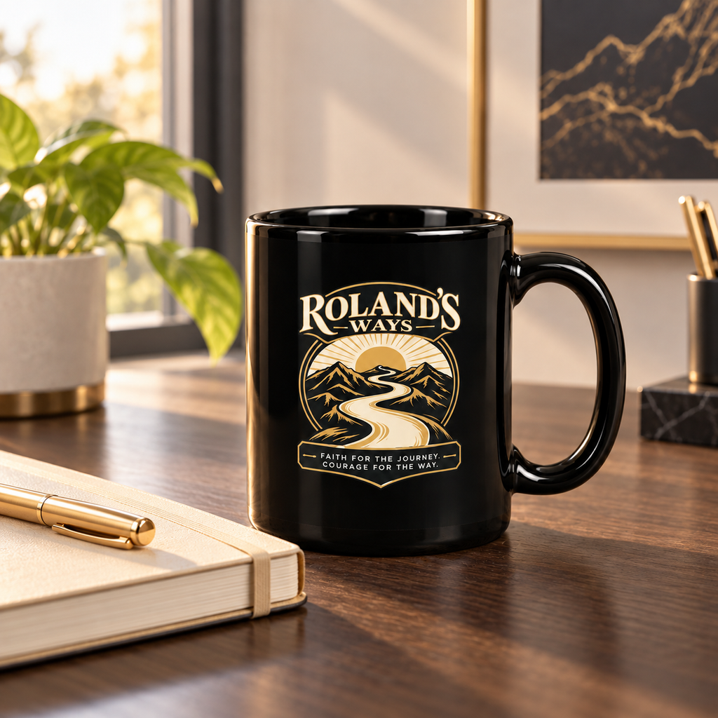 Faith for the Journey glossy black coffee mug presentation