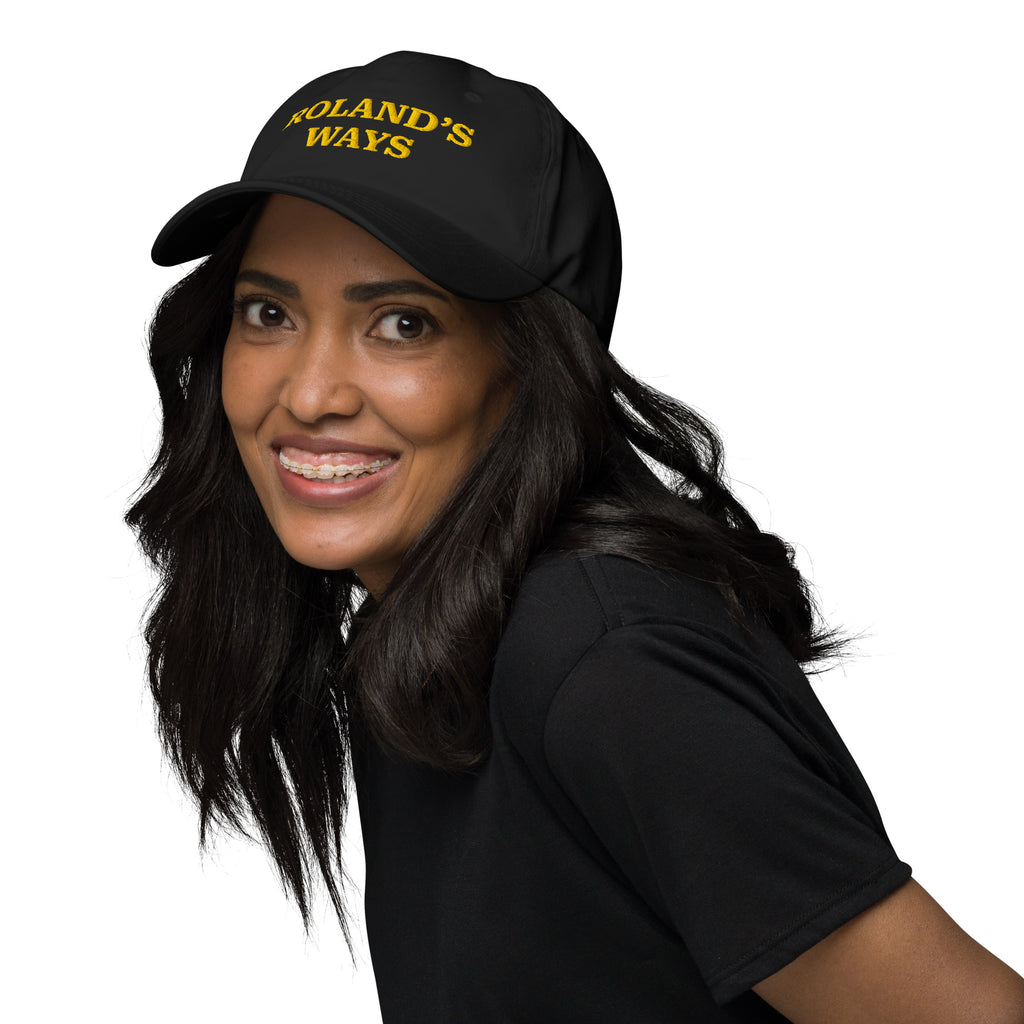 Black and gold Roland’s Ways cap, front product view