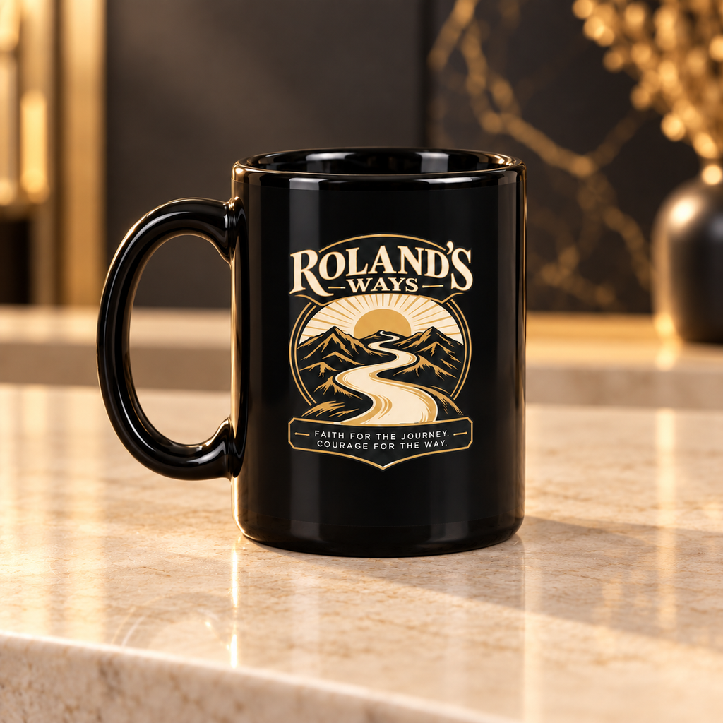 Black and gold Faith for the Journey mug lifestyle view