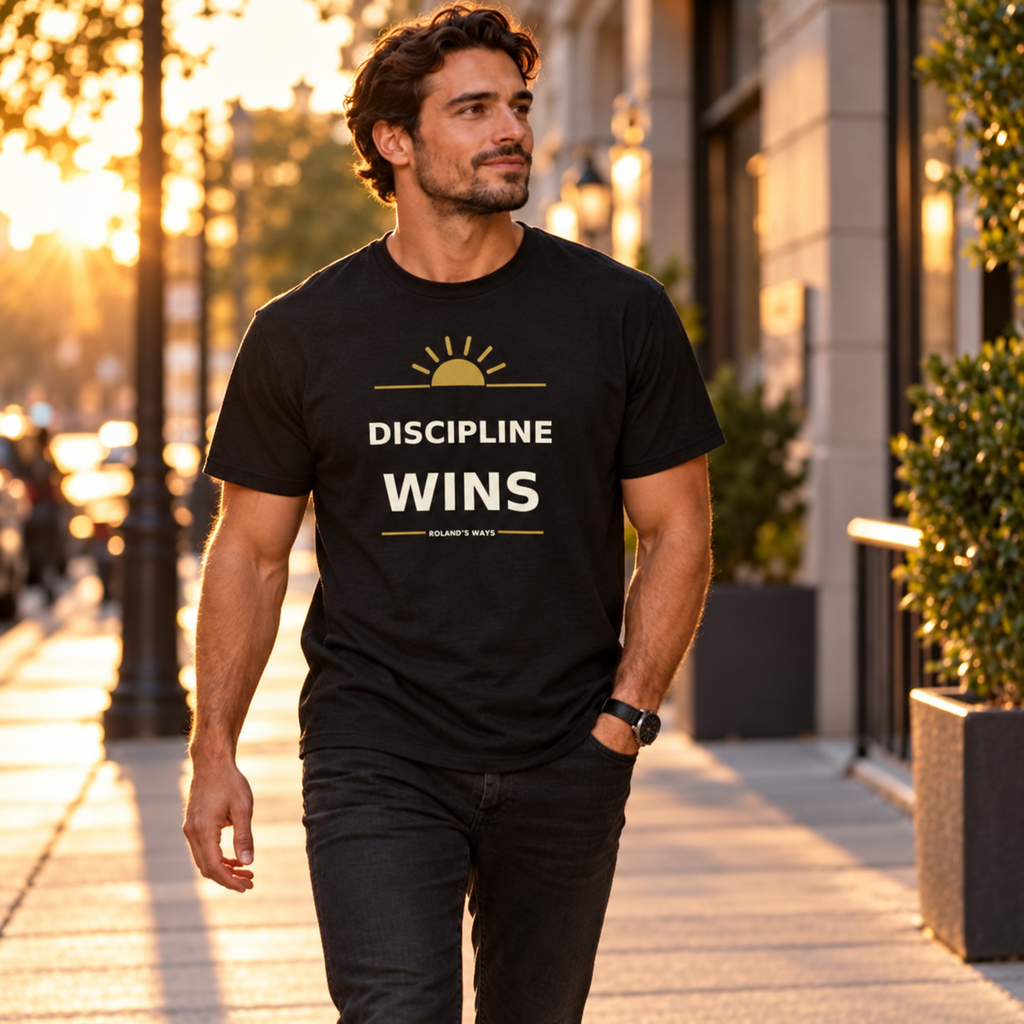 Lifestyle mockup of the black Discipline Wins tee with cream lettering and gold sunrise.