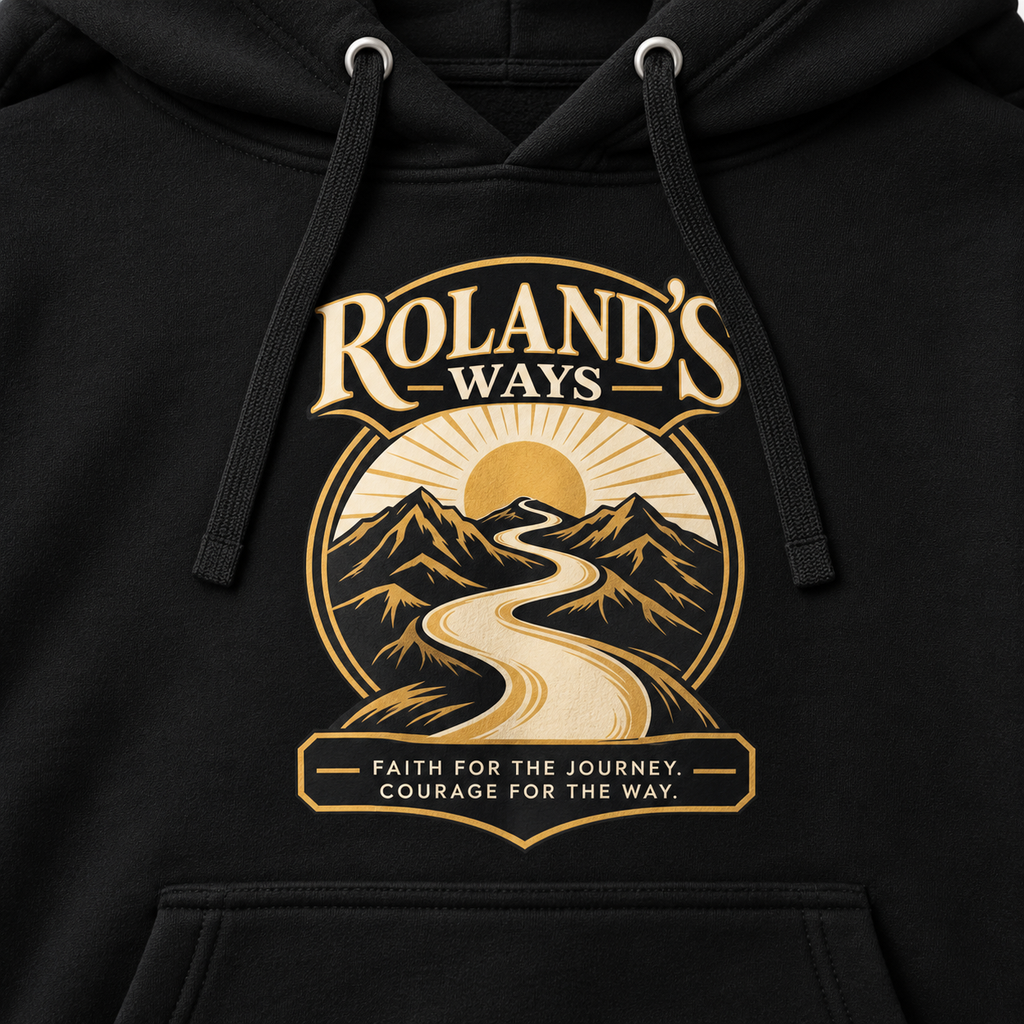 AI detail mockup of the Roland’s Ways mountain and road emblem, reading Faith for the Journey. Courage for the Way.