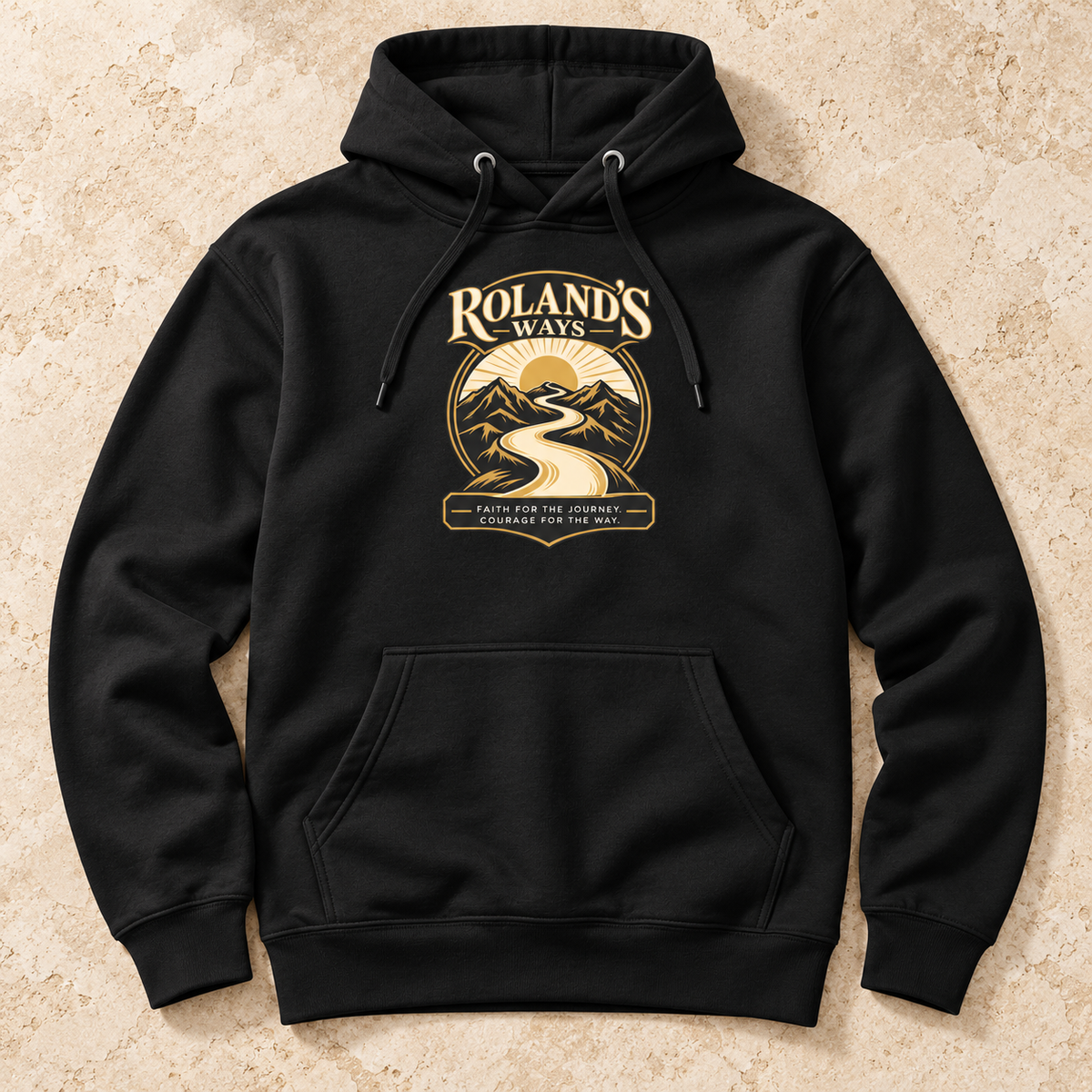 AI styled flat-lay mockup of the black Faith for the Journey Premium Hoodie on ivory stone.