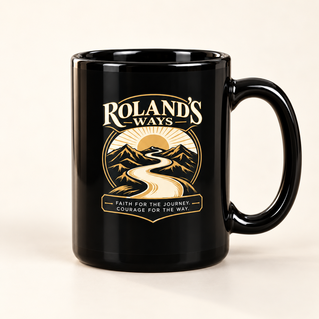 Roland’s Ways black ceramic mug with gold journey design