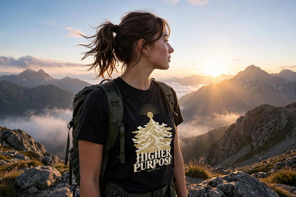 AI mountain lifestyle mockup of a woman wearing the black Higher Purpose T-shirt with gold and ivory mountain artwork.