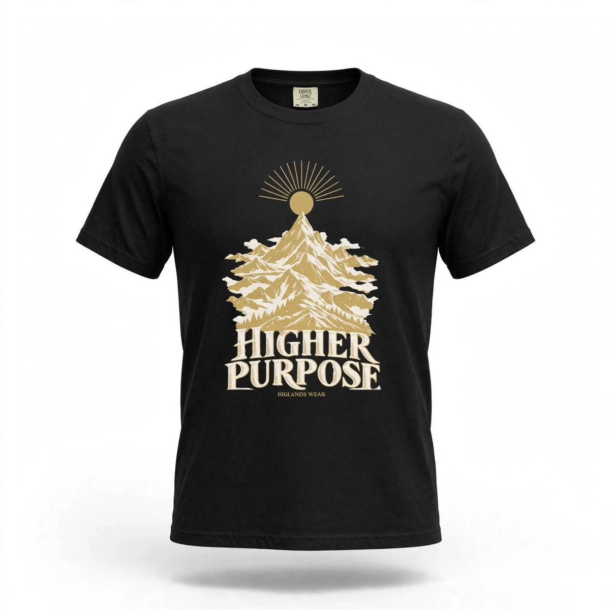 AI full front mockup of the black Higher Purpose T-shirt with gold and ivory mountain artwork.