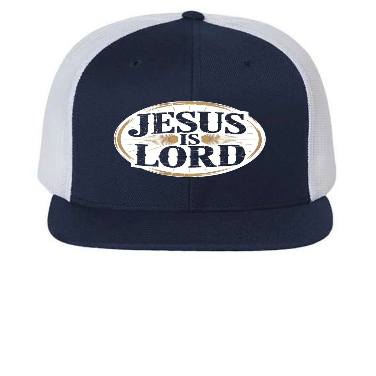 Bold Statement Flat Bill Trucker Cap | Structured Snapback – Navy/ White - 511 - FRONT