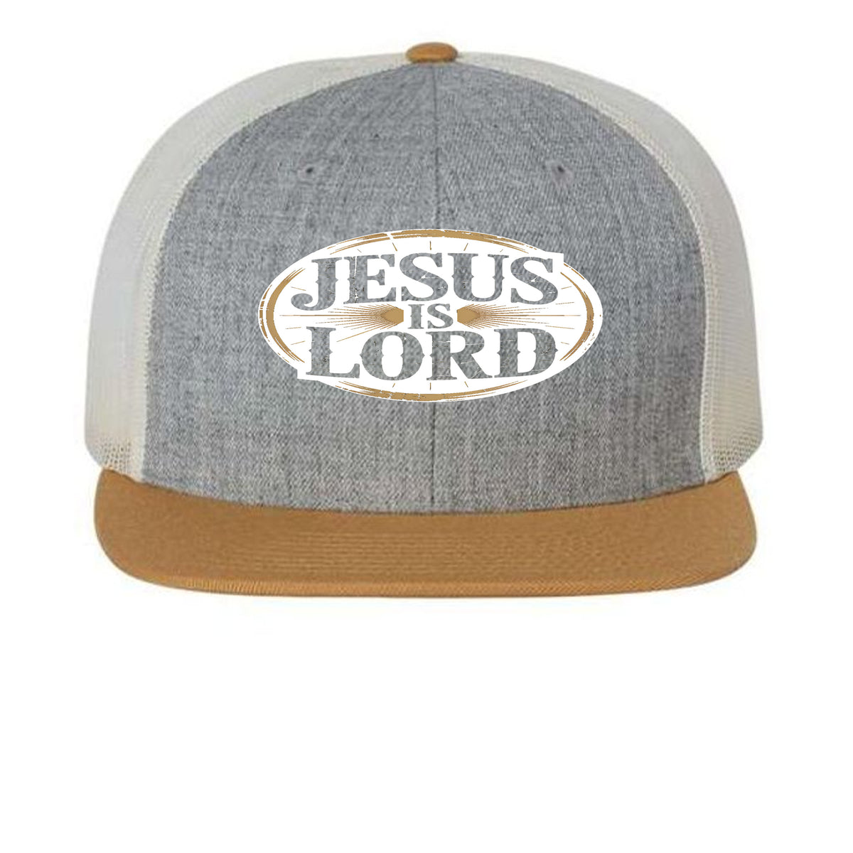 Bold Statement Flat Bill Trucker Cap | Structured Snapback – Heather Grey/ Birch/ Biscuit - 511 - FRONT