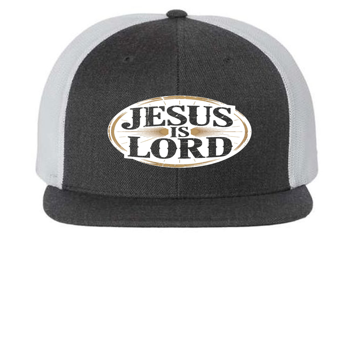Bold Statement Flat Bill Trucker Cap | Structured Snapback – Heather Charcoal/ White - 511 - FRONT