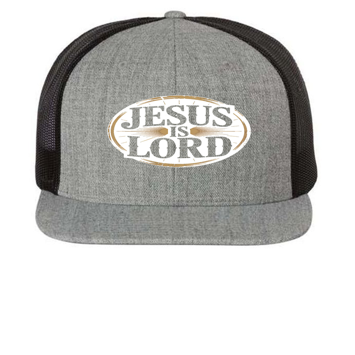 Bold Statement Flat Bill Trucker Cap | Structured Snapback – Heather Grey/ Black - 511 - FRONT