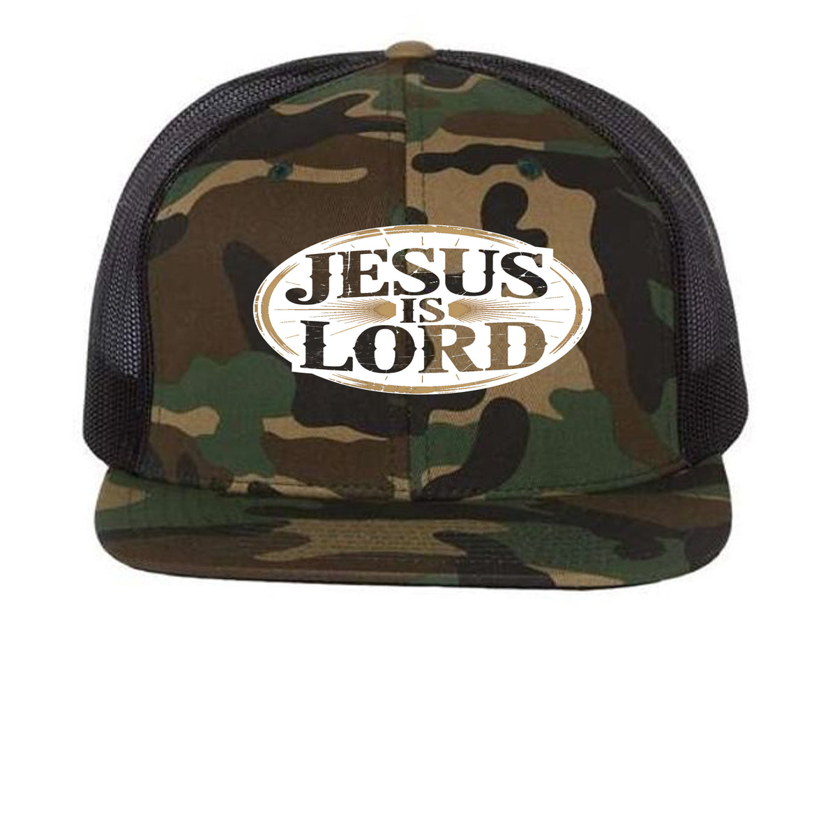 Bold Statement Flat Bill Trucker Cap | Structured Snapback – Green Camo/ Black - 511 - FRONT